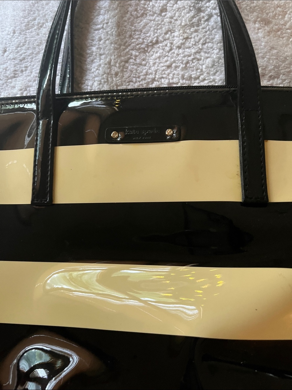 kate spade Black and Cream Striped Patent Tote Bag
